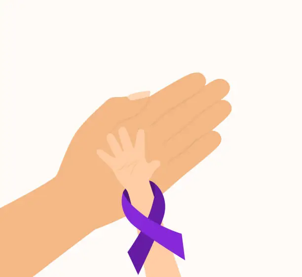 Vector illustration of Mother Hand Holding Her Premature Baby's Hand With Purple Prematurity Awareness Ribbon. Prematurity Awareness Month Concept