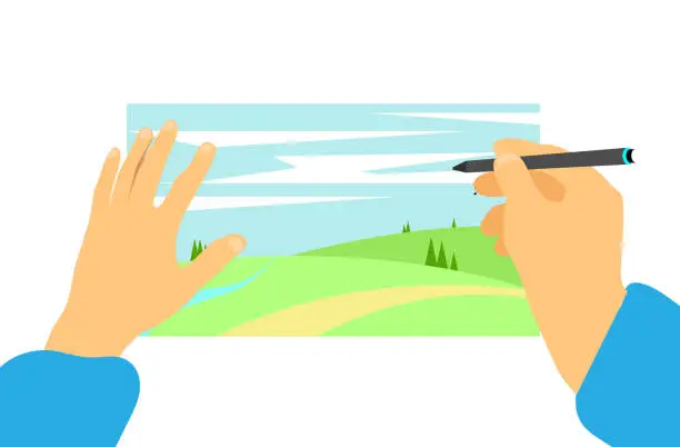 Vector illustration of Hands of an Artist Drawing a Landscape