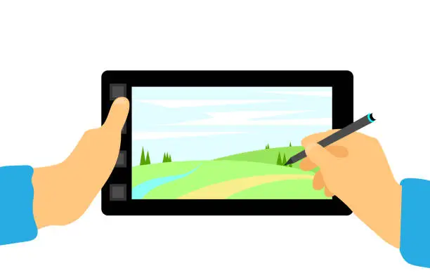 Vector illustration of Hands of Graphic Designer Drawing on a Tablet