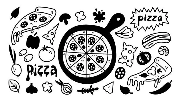 Vector illustration of Pizza with ingredients food doodle set