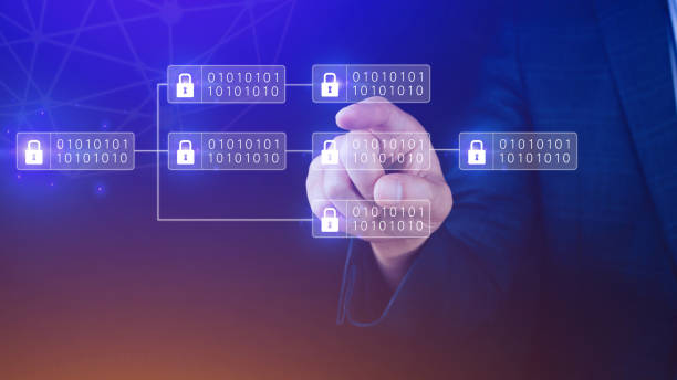 istock Businessman using a touching on virtual screen to Blockchain technology concept with chain of encrypted blocks to secure cryptocurrencies and bitcoin for online payments and money transaction. 1718389385