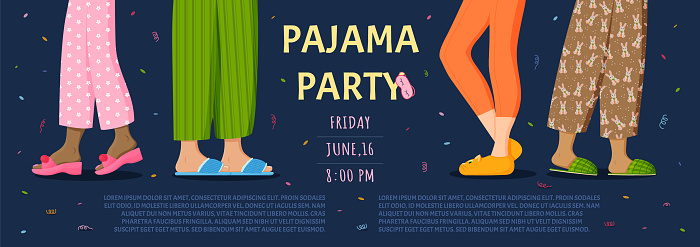 Pajamas party. Girl slumber night. Fun invite with sleepwear pants. Child fashion holiday with pillows. Legs in cozy slippers. Birthday celebration. Sleepover event. Vector utter invitation banner