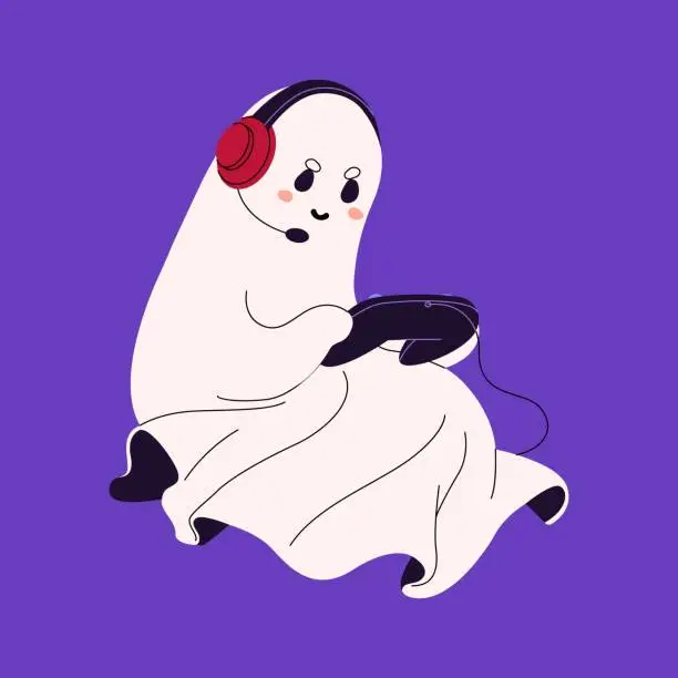 Vector illustration of Happy ghost with headphones play on game console. Playful spook hold controller in hands. Baby phantom with headset and joystick. Halloween party decoration. Flat isolated vector illustration