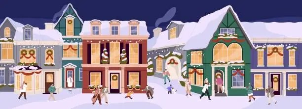 Vector illustration of Christmas city panorama. Happy people walking, playing with kids on snow street. European town on Xmas eve, Noel. New Year cityscape with decorated houses. Winter holidays. Flat vector illustration
