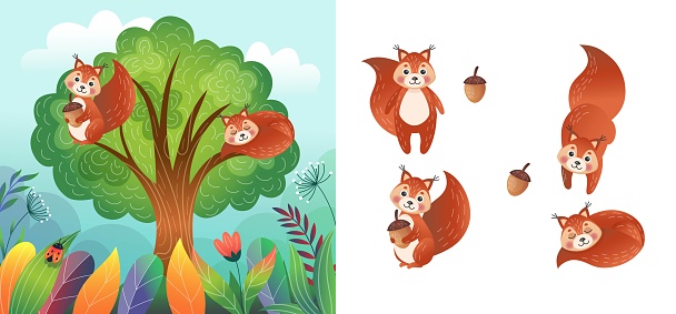 Laughing squirrels on tree. Hilarious wildlife. Children landscape. Happy characters in woods. Zoo elements set. Funny animals sleep on oak branches. Mammals with acorns. Vector tidy cartoon graphic