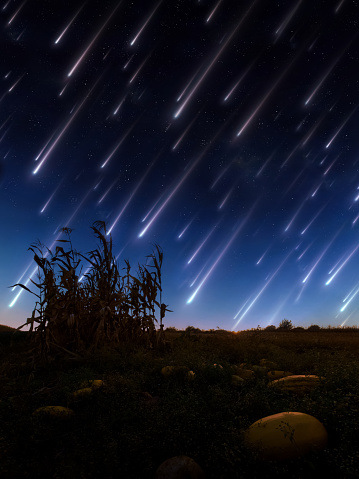 Meteor shower over the field. Bright stream of meteors in the night sky. Evening landscape with falling stars.
