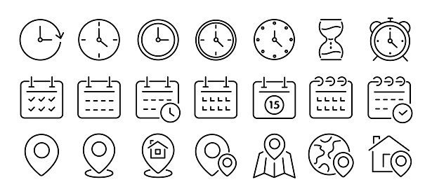 Time and date line icons set. Address line icons and navigation outline icons set. Vector collection isolated on white background.