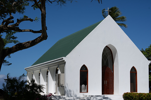 Yanuca Island Fiji - September 5v2023; Simple white chapel with vaulted door and two windows