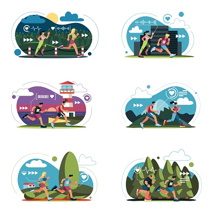 Fitness run. Active lifestyle. Sport marathon. Woman runner on field. Park route. Running man. Sportsman outdoor exercises set. Track in city landscape. Workout tracker. Vector illustration concept