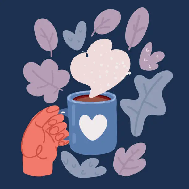 Vector illustration of Cartoon vector illustration of hand holding coffee mug with heart on it over dark background