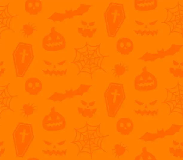 Vector illustration of Seamless repeating pattern with Halloween symbols. Design of silhouettes for the holiday Halloween. for postcard, fabric, banner, template, wrapping paper. Vector flat illustration.