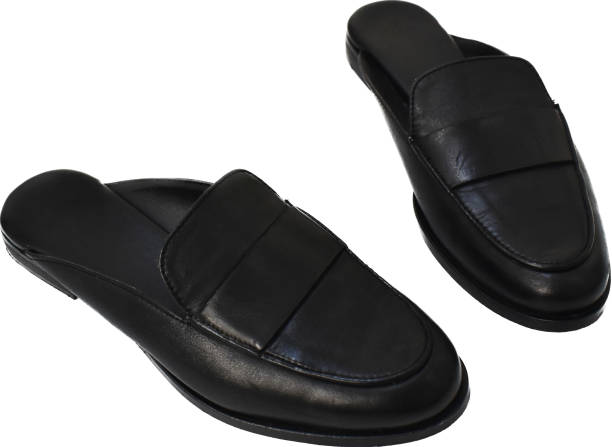 istock Classic black leather slide loafers isolated on white, basic spring slides, chunky mules for women 1718471727