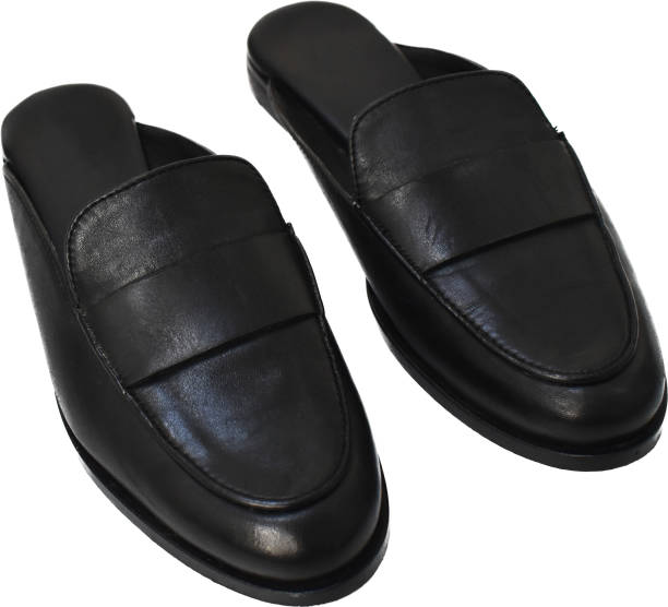 istock Classic black leather slide loafers isolated on white, basic spring slides, chunky mules for women 1718471729