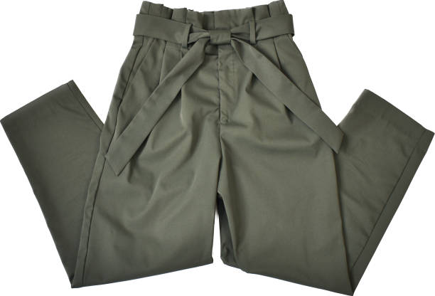 istock Folded khaki green pants with belt flat lay on white 1718472361