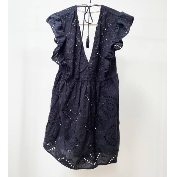 istock Black boho summer mini dress front view on white background, short women's sundress 1718474038