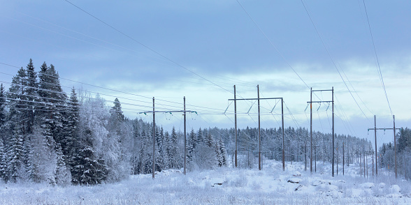 Dual high voltage power lines passing a white winter forest in Sweden with some winter sunlight in the sky