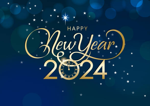 2024 New Year’s Eve Countdown Join the countdown party on the New Year's Eve of 2024 with metallic clock and gold colored calligraphy on the starry background new year party stock illustrations