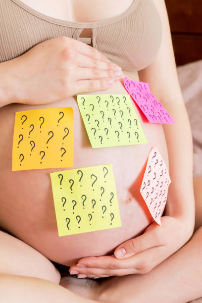 istock Pregnant woman belly with question mark. Pregnancy and thinking problem 1718485515