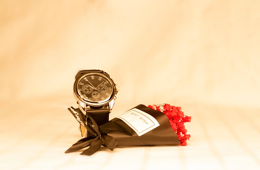 Gift  for men - wrist watch artificial flower bouquet
