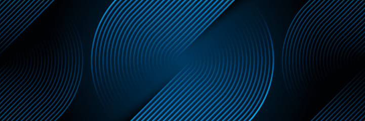 Abstract glowing circle lines on dark blue background. Modern shiny blue diagonal rounded lines pattern. Geometric line art. Futuristic technology concept. Suit for cover, banner, presentation, website