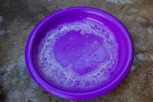 The purple plate has soap and foam