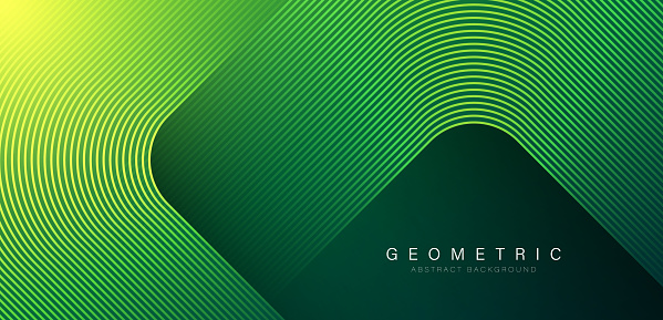 Green abstract background with glowing geometric lines. Modern gradient rounded square lines pattern. Futuristic concept. Suit for banner, brochure, cover, poster, website, flyer. Vector illustration