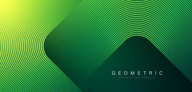 Vector illustration of Green abstract background with glowing geometric lines. Modern gradient rounded square lines pattern. Futuristic concept. Suit for banner, brochure, cover, poster, website, flyer. Vector illustration