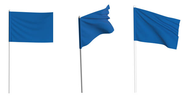 istock Blue Flag waving in the wind on flagpole. Isolated flag 1718505165