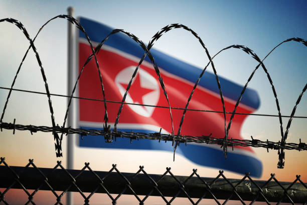 Flag of North Korea behind barbed wire fence. Freedom concept. 3D rendered illustration. stock photo