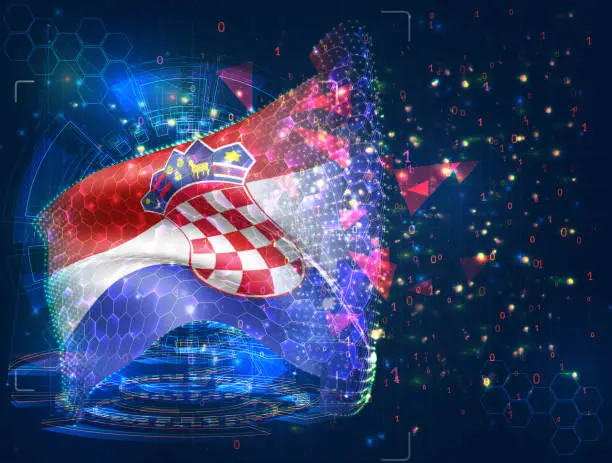 Vector illustration of Croatia,  vector flag, virtual abstract 3D object from triangular polygons on a blue background