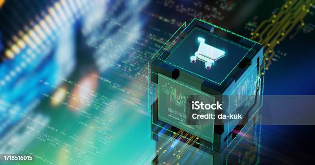 Online Shopping Futuristic Background Glowing Shopping Cart Icon On Cube Cgi 3d Render Stock Photo - Download Image Now