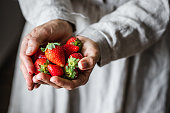 Close-up of woman hands holding fresh strawberries
