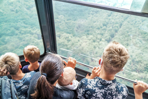istock Mother with children ride funicular standing in cabin 1718519366