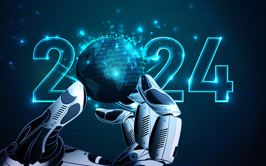 2024 new year and robotic artificial intelligence technology development concept. (Used clipping mask)