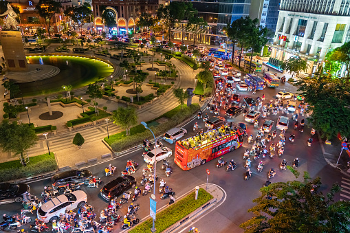 Ho Chi Minh, Viet Nam - 6 August 2023: Traffic jam occurs on Ton Duc Thang street in the city center. Ho Chi Minh is one of the most congested cities in Vietnam