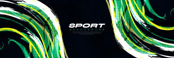 Vector illustration of Abstract White Yellow and Green Brush Background with Sporty Style and Halftone Effect. Brush Stroke Illustration for Banner, Poster, or Sports Background