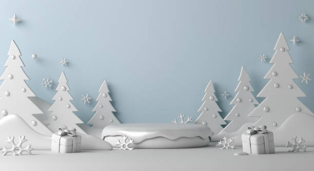 istock Winter display podium background with snow, spruce trees cartoon style, 3d rendering illustration 1718542449