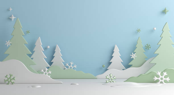 istock Winter landscape background with snow, spruce trees cartoon style, 3d rendering illustration 1718543325