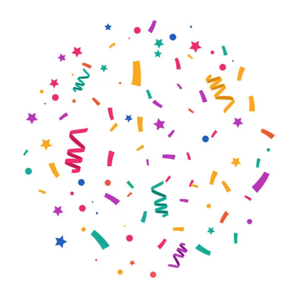 Vector illustration of Colorful Confetti and ribbon falling on white background. Explosion. Carnival elements. Festival confetti and tinsel explosion background. Birthday celebration.