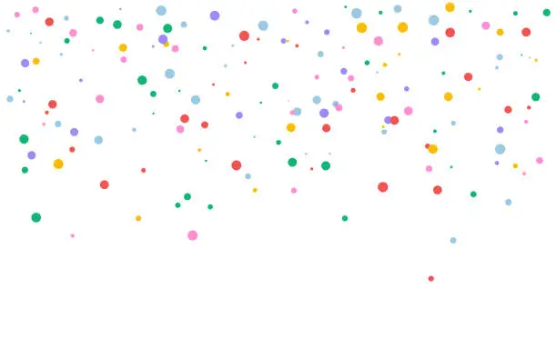 Vector illustration of Multicolored paper confetti on white background. Carnival polka Invitation. Falling festive dot background. Multicolored confetti carnaval design.