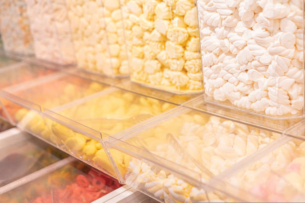Pastel yellow marshmallows in a shop window