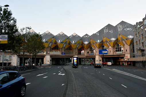 Rotterdam, Netherlands - October 2, 2023: Cube House, Kijk-Kubus, Building Exterior, Land Vehicle On The Road, Sky Scene During Autumn Season