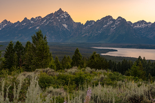 The snow-capped peaks of the Grand Teton mountains reach up to the pastel sunset sky as the Snake River winds its way through the valley as seen from the Snake River Overlook in Grand Teton National Park, Wyoming.
