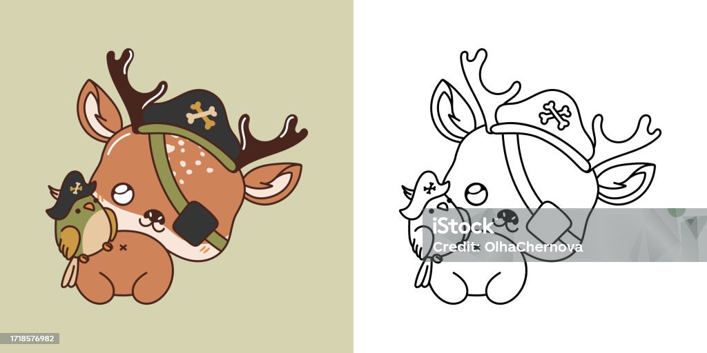Set Clipart Halloween Deer Coloring Page And Colored Illustration