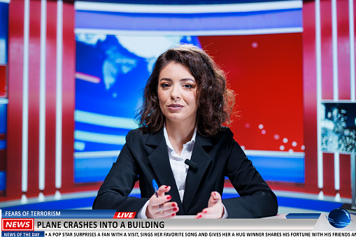 TV Live News Program with Professional Female Presenter Reporting. Television Cable Channel Anchorwoman Talks, Business, Economy, Entertainment. Mockup of Network Broadcasting in Newsroom Studio