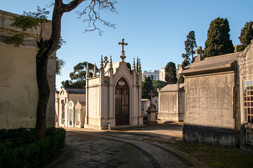 An ancient stone crypt surrounded by weathered tombstones and graves in a serene cemetery, a somber and timeless burial place.