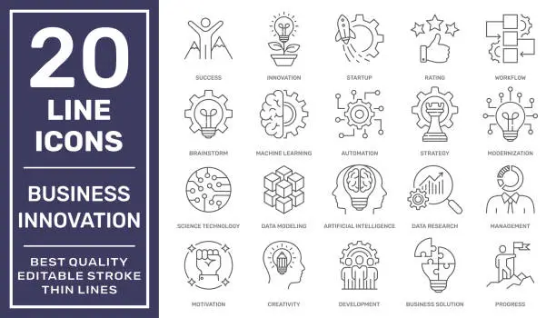 Vector illustration of Business Management and Business Innovation Icons Collection. Simple web icons set. Editable Stroke. EPS 10