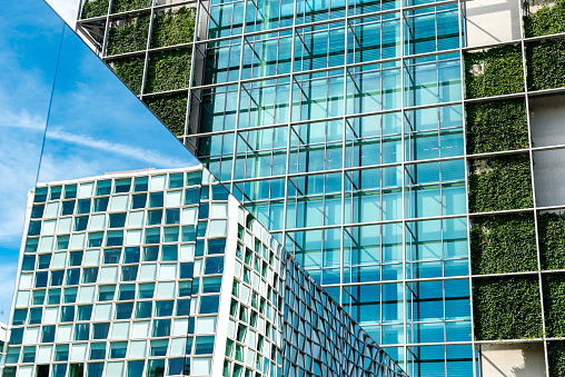 Sustainable building, modern architecture with mirrors and green walls. Low angle shot, The Netherlands