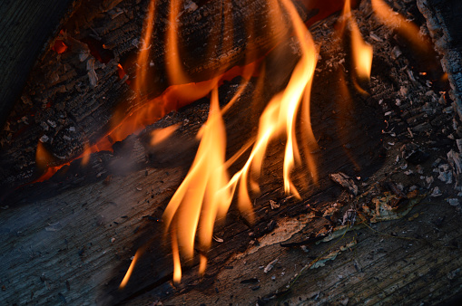 Closeup of burning wood with flames