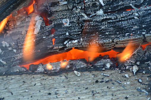 Closeup of burning wood with flames